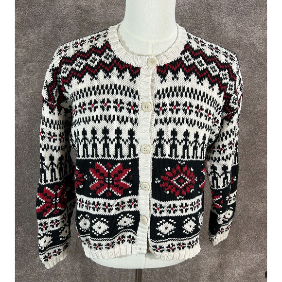 Vintage Eddie Bauer Cardigan Sweater Womens Medium Black Red Fair Isle Nordic - Picture 1 of 8